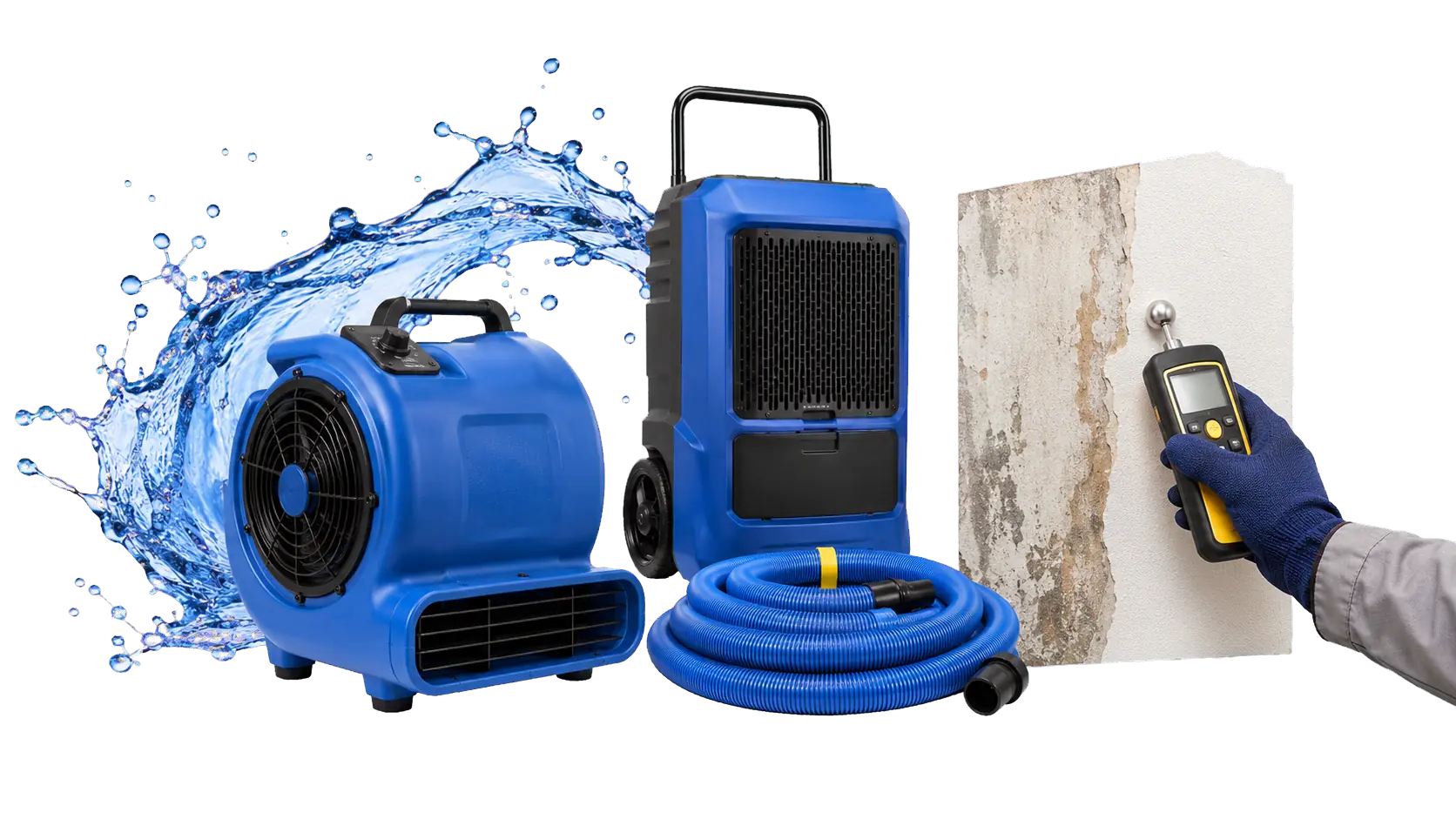 Freigestellte Darstellung der Sanierung eines Wasserschadens mit Trocknungsgerät und Feuchtemessung