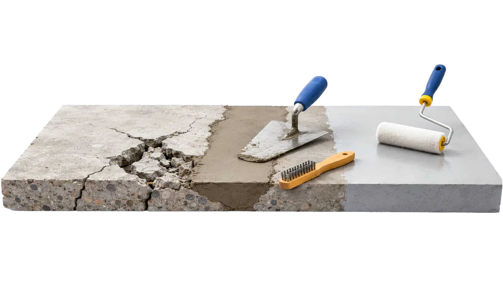 Betonsanierung mit reparierter Schadstelle und professionellen Werkzeugen