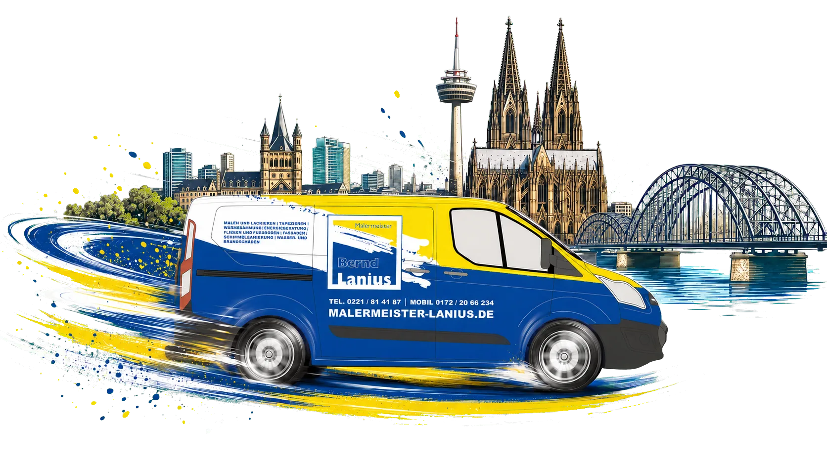 Lanius-Transporter vor der farbigen Kölner Skyline